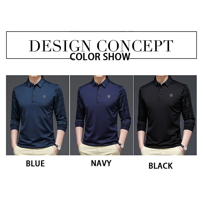 BROWON Long Sleeve T Shirt Men Spring and Autumn Business Casual Slim Turn-down Collar Geometric Pattern Tshirt Men Clothing