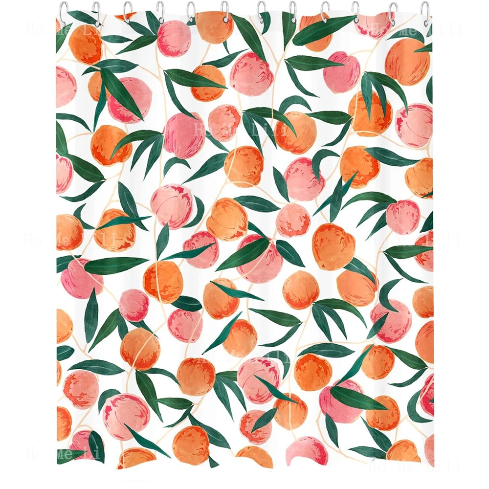 Allover Fruits Cute Bright Colorful Design Peach Shower Curtain Bathroom Curtains Set With 12 Hooks