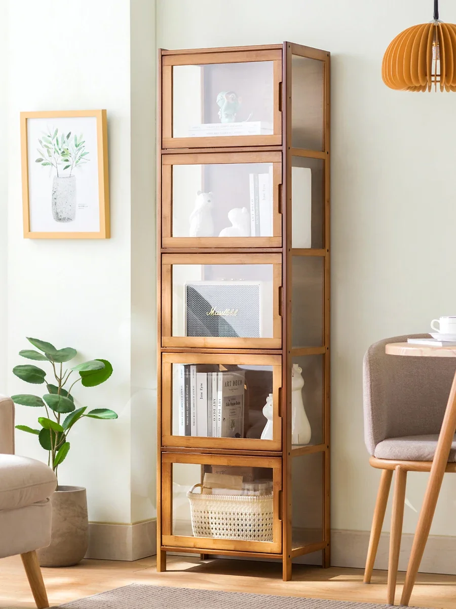 

Bookcase Modern Minimalist Dust-Proof Plaid Narrow Cabinet with Door Storage Solid Wood Bookshelf Floor