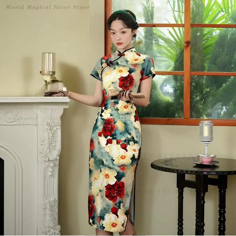 Traditional Oriental Women Cheongsam Sexy Vintage Chinese Modified Slim Qipao Dress Elegant Print Flower Chinese Dress Vestidos