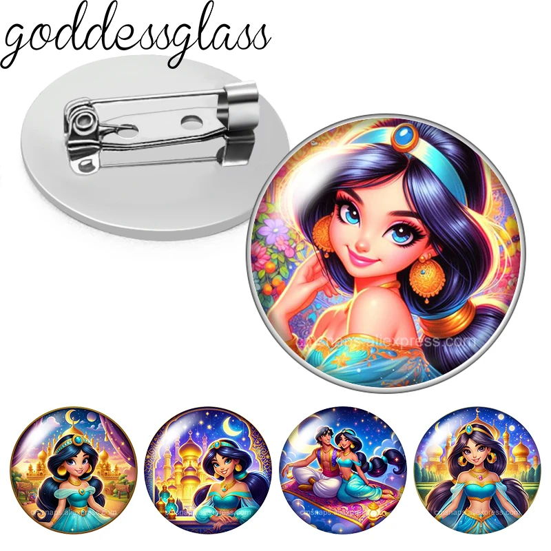 Broche de cristal con foto de Aladín y la lámpara mágica, Princesa Jasmine, para bolsos, ropa, vaqueros, solapa, insignia