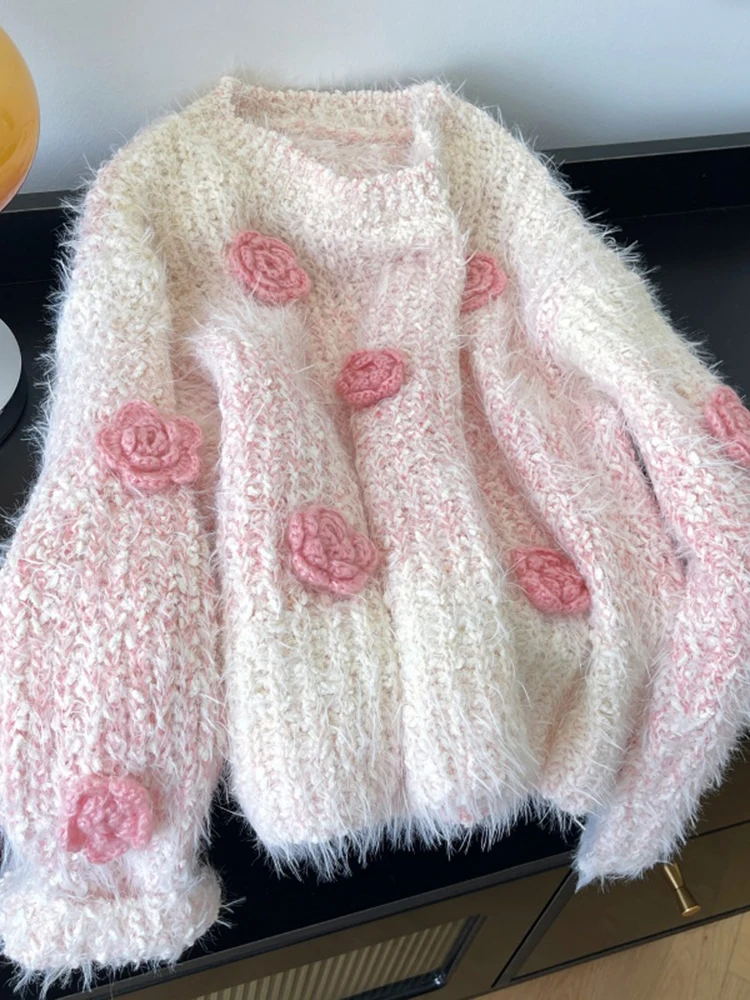 Women's Pink 3D Floral Knit Pullover Sweater Harajuku Y2k Korean Long Sleeves O-Neck Sweaters Vintage 2000s Fashion Clothes 2025