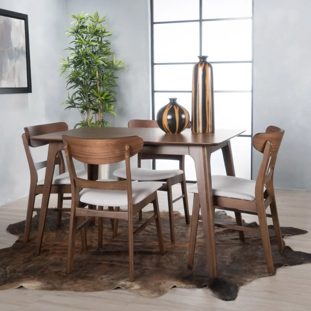 Noble House Lydia Mid-Century Modern 5 Pieces Dining Set, Light Beige and Natural Walnut