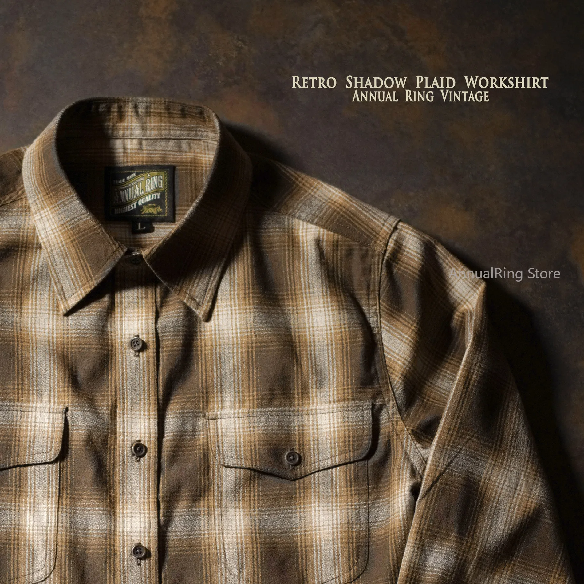 AnnualRing Men American Vintage Khaki Plaid Long Sleeve Shirt Casual Versatile Outerwear Blouse