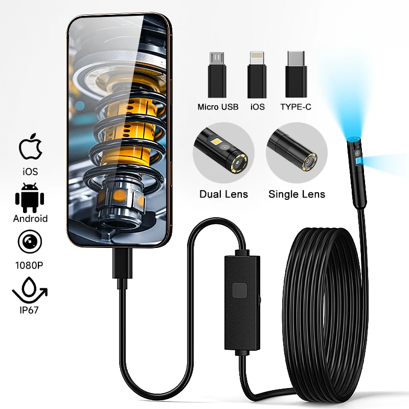 3 in 1 Phone Direct Endoscope Single Dual 1080P Camera for IPhone/Type-C/Android IP67 Waterproof Borescope Inspection Camera