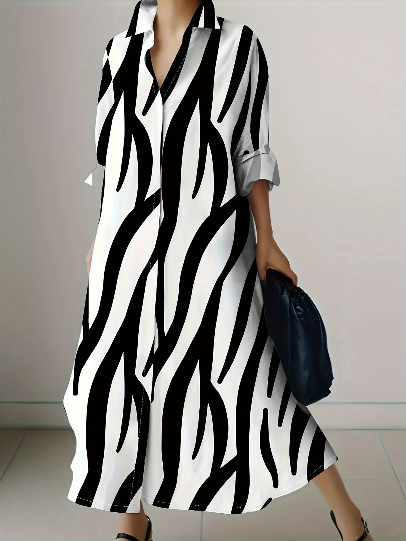 Damen Langarm-Kleid mit Zebra-Print Urlaubsstil Schwarz-Weiß Tiermuster Midi-Kleid Lässiges Sommerkleid Modisch
