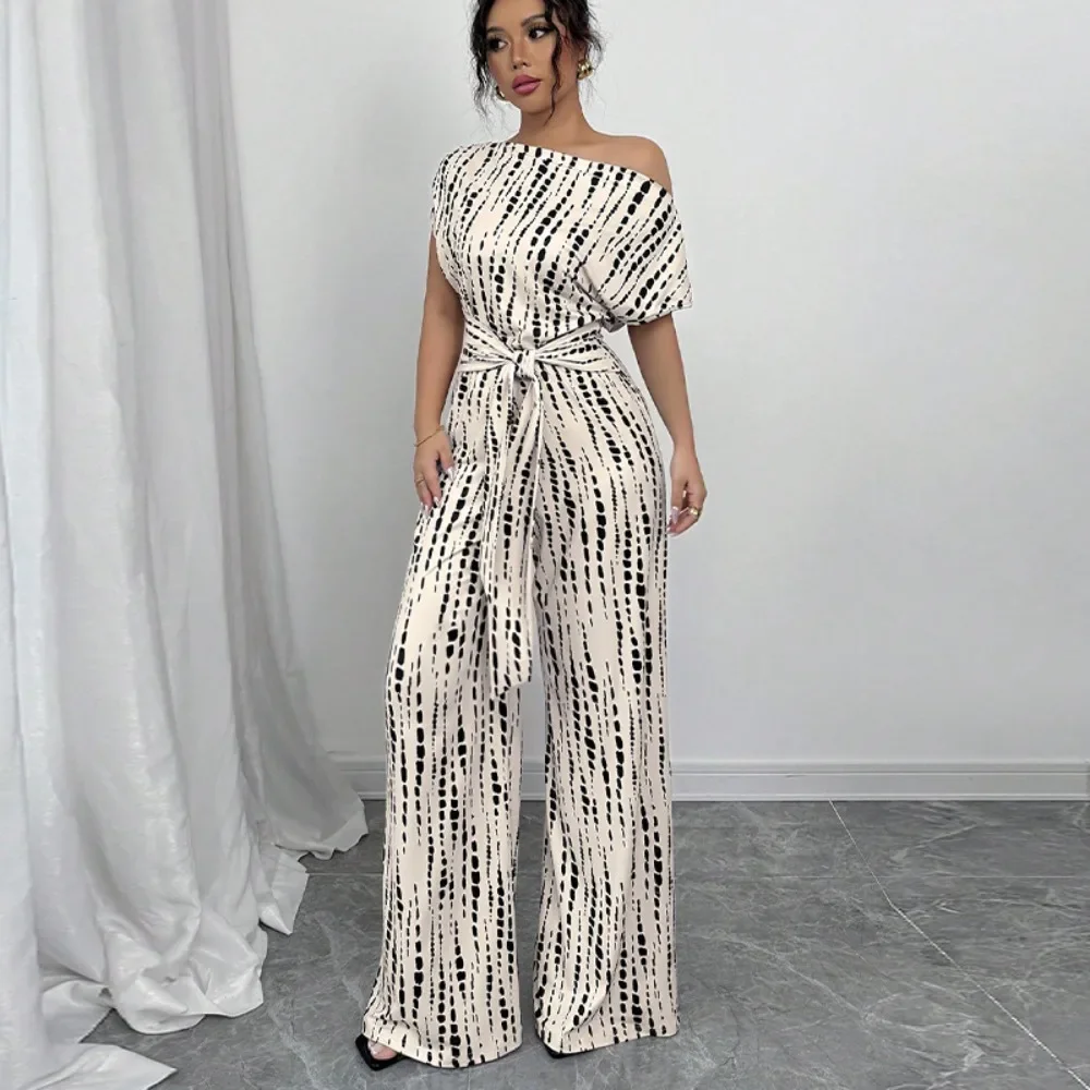 Women Summer Striped Jumpsuit Off Shoulder Tie Strap Wide Leg Long Romper Flowy Flattering Casual Vacation Streetwear