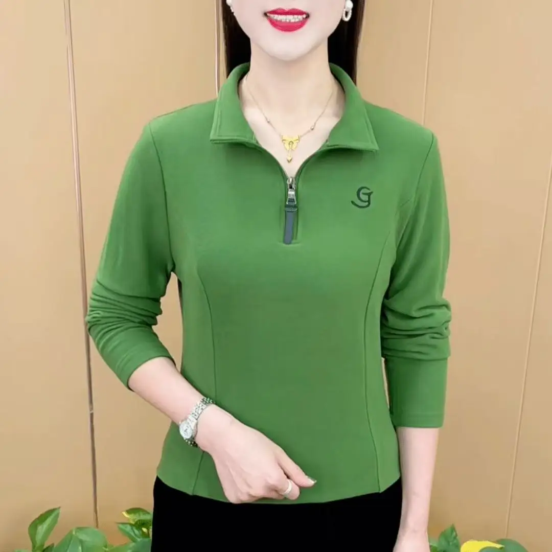 

New Autumn Winter Zipper Long Sleeve Fashionable Ladies Base Shirt Velboa Large Size Collared Top Versatile Bottoming Tee