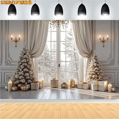 

Christmas Day Wreath Family New Year Party Photography Backdrops Prop Window Living Room Xmas Tree Gift Snow Background VN-21