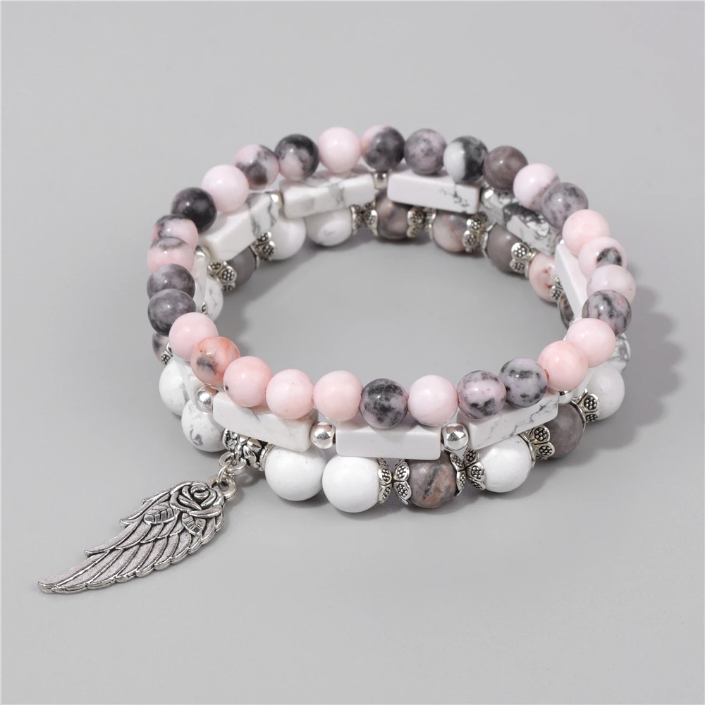 3pcs/set Angel Wing Pendant Pink Zebra Bracelet Natural Stone White Howlite Beaded Bracelet Set For Women Men Lucky Jewelry