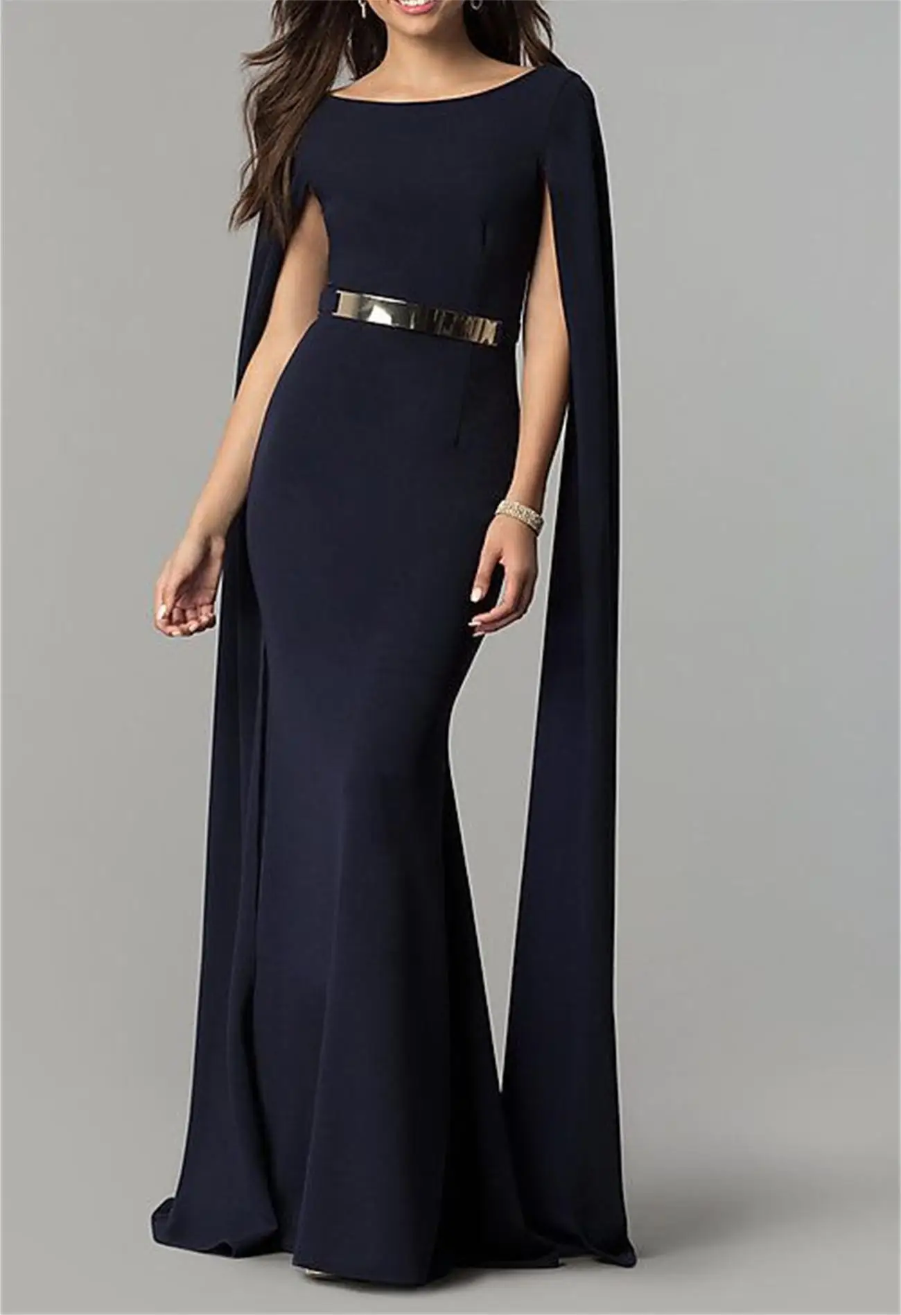 

Simple Blue Mermaid Evening Dress Round Neck With Cape Sleeve Slit Summer Chiffon Belt Floor Length Backless Elegant Prom Party