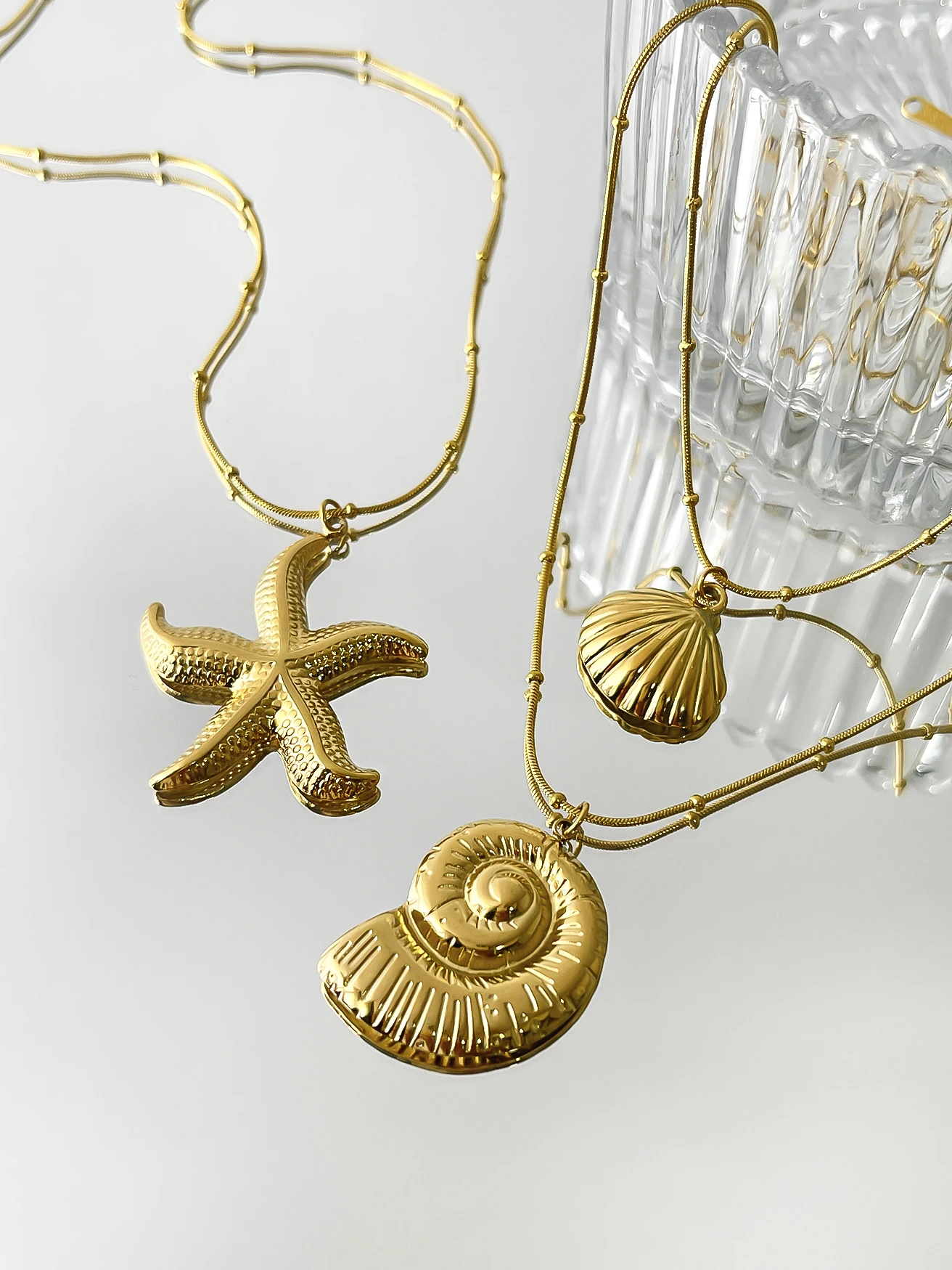 Peri\'sbox Minimalist Starfish Stripe Conch Scallop Shaped Pendant Necklace for Women Waterproof Trend Jewelry Summer Beach Party