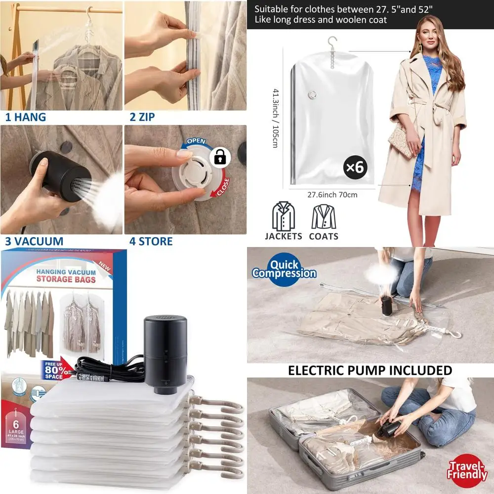 

6-Pack Hanging Vacuum Storage Bags with Electric Pump for Clothes, Suits, and More