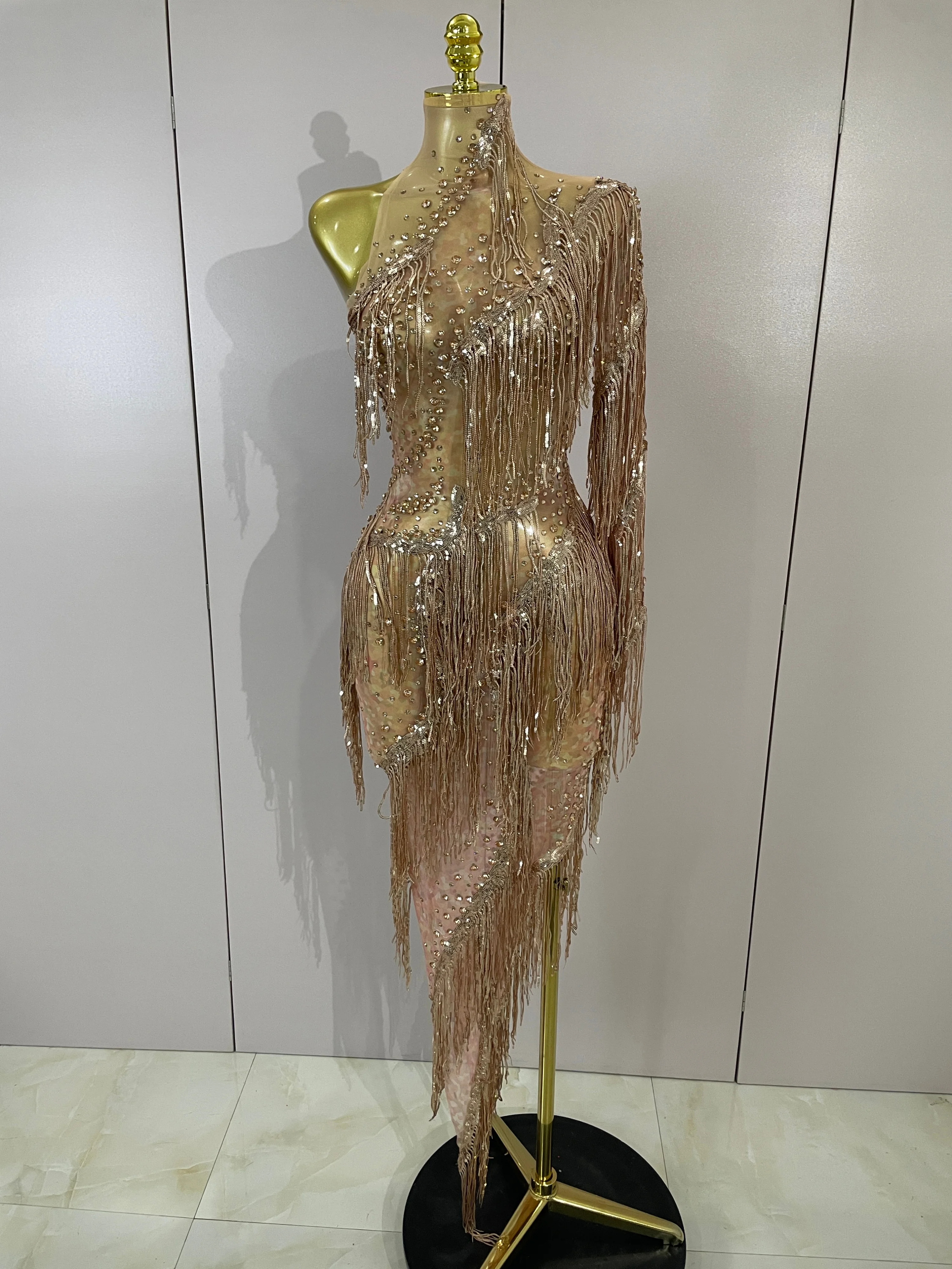 New Sexy Mesh See-Through Sparkly Rhinestones Tassel One Shoulder Dress Latin Dance Outfits Bar Nightclub Party Stage Costume
