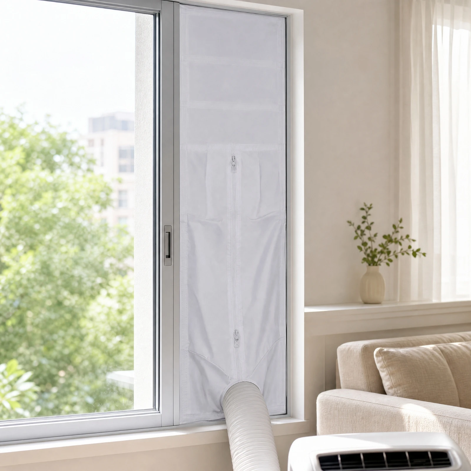 Portable AC Window Seal Kit with Zippered Hose Opening for Sliding Windows Blocks Hot Air Backflow Trim to Fit