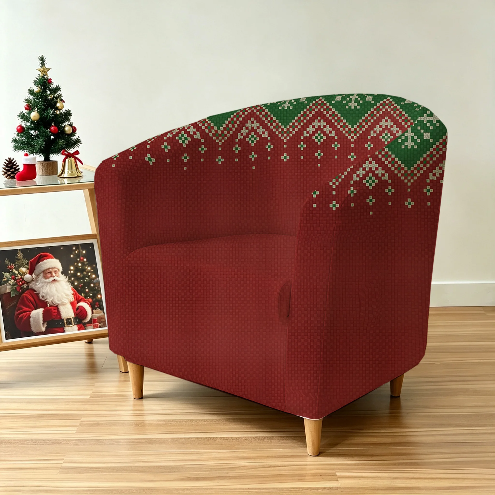 Christmas Fair Isle seamless red-green imitation knitted pattern armrest sofa cover, 2D printed elastic single club sofa cover