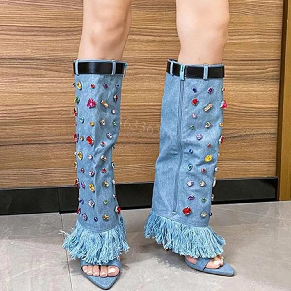 

Side Zipper Colored Stone Decor Boots Open Toe Tassel Decor Shoes for Women Demin Thin High Heels Shoes 2024 Zapatos Para Mujere