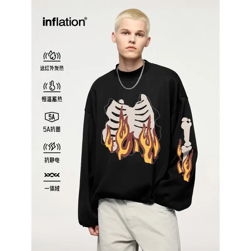 Flame one velvet fire bone round neck hoodie 2024 autumn and winter tide brand loose short jacket men