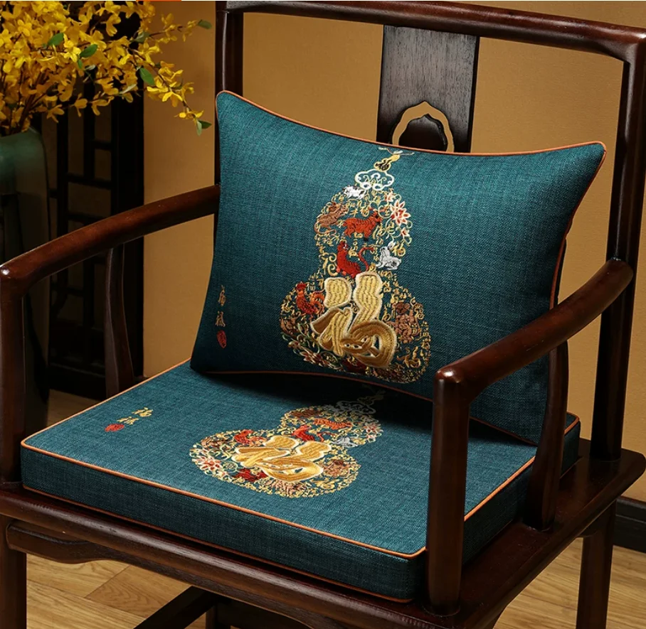 Thick Linen Chair Seat Cushion Double Piping Edge Chinese Embroidery Non Slip Seat Pad Classical Solid Wood Tea Chair Decor Mat