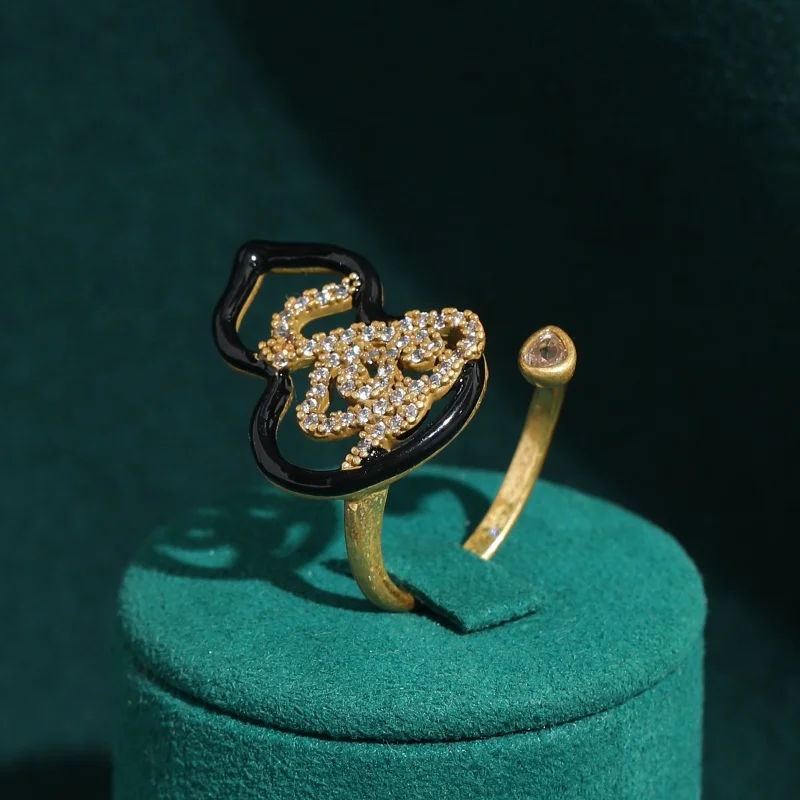 Vintage Hollow Gourd Enamel Black Rings Adjustable Gold Color Rhinestone Opening Trends 2026 Accessories Women Jewelry Festival