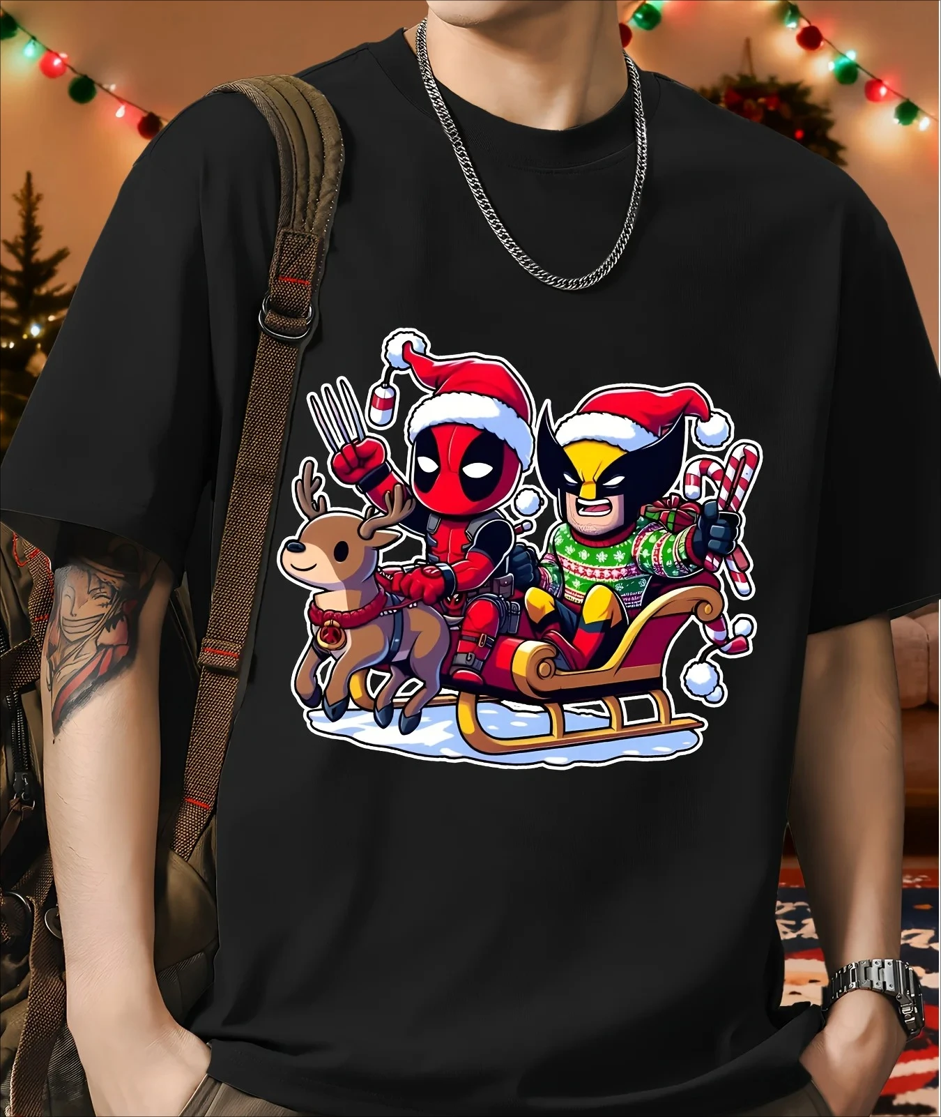 

Marvel Deadpool & Wolverine Christmas Funny Interactive Print T-shirt Men and Women Personality Holiday Chic Cool Casual Top