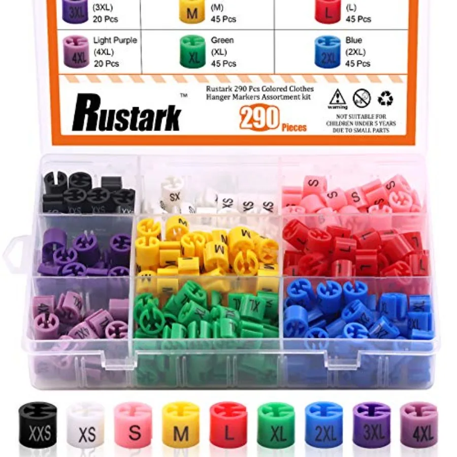 Kit de 290 Marcadores de Colores para Colgar Ropa - 9 Tamaños XXS - 4XL, Marcadores de Talla de Ropa con Código de Color