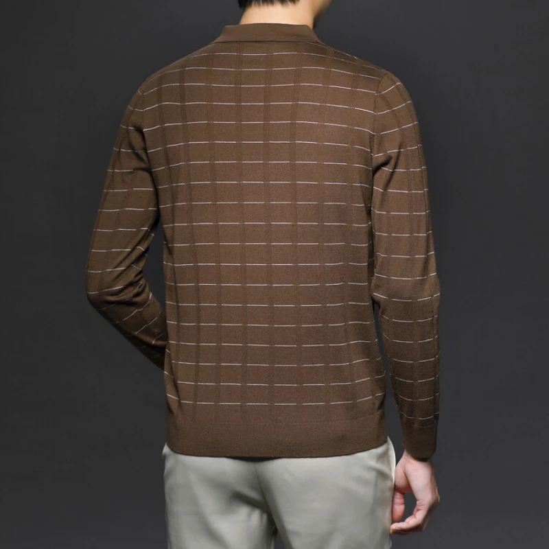 メンズチェック柄ニットプルオーバー、日常着用の多用途セーター、ビジネスカジュアルポロシャツストレッチシャツ、高品質