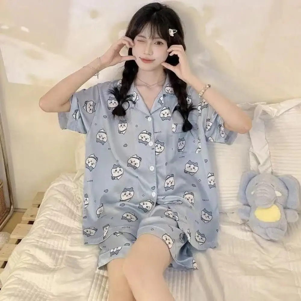 conjunto-de-verao-kawaii-com-manga-curta-e-shorts-2-pecas-pijamas-de-seda-gelada-chiikawa-usagi-para-mulheres-roupas-de-casa-para-meninas
