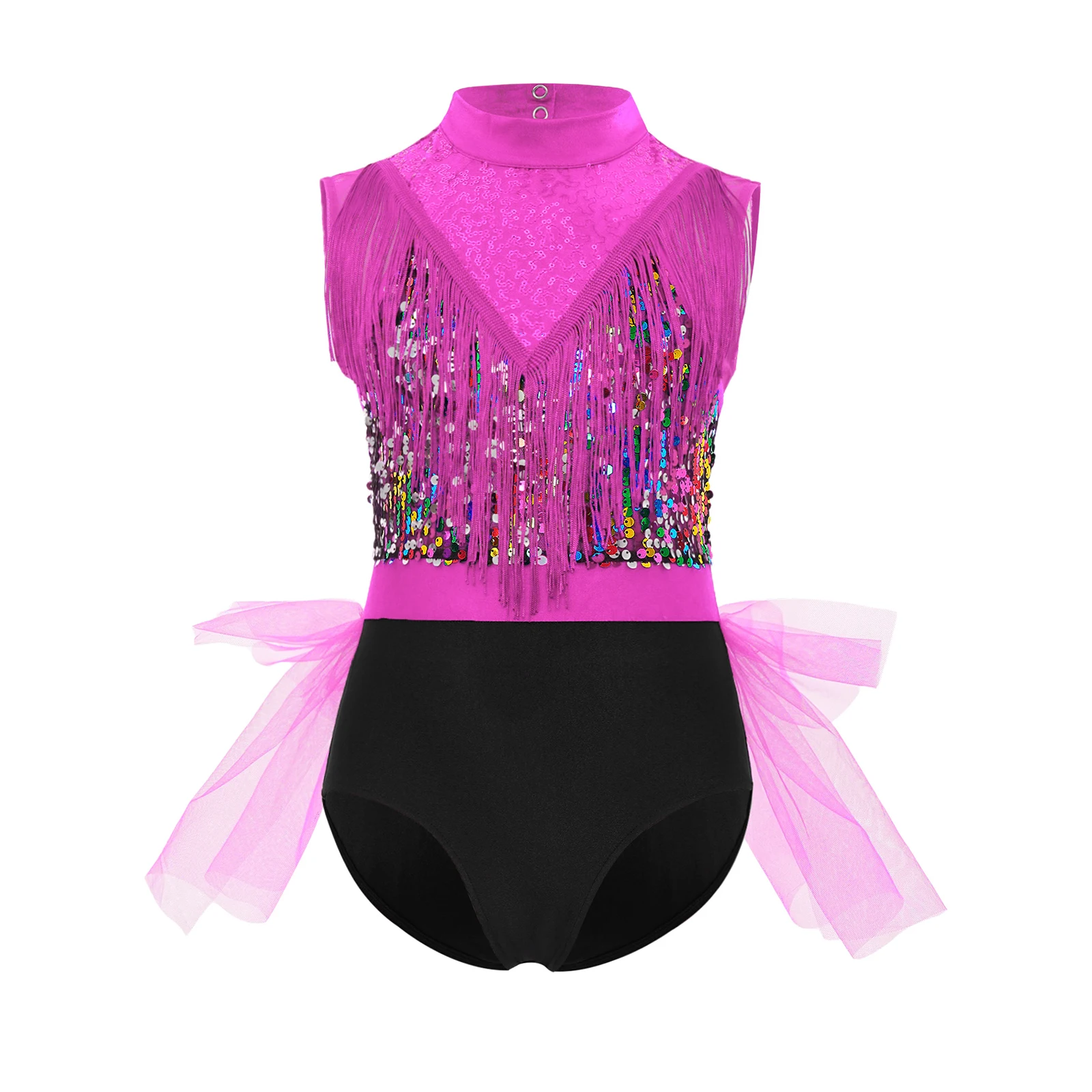 Collant de dança de balé lírico para meninas, sem mangas, recortes nas costas, borlas, lantejoulas brilhantes, vestido de balé para performance de patinação artística