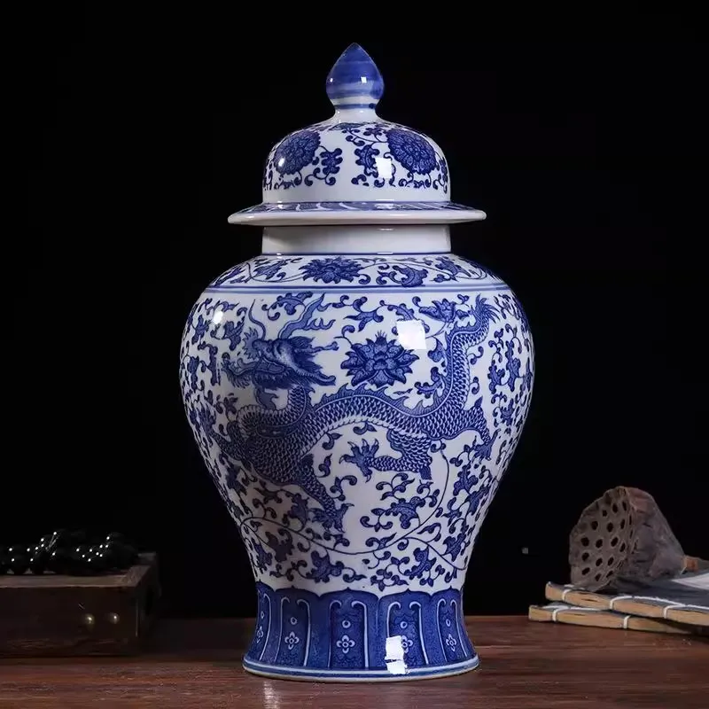 

35cm/Blue and White Dragon Pattern Blessing Tube Chinese Jingdezhen Ceramic General Jar Porcelain Entrance Hall Home Decoration