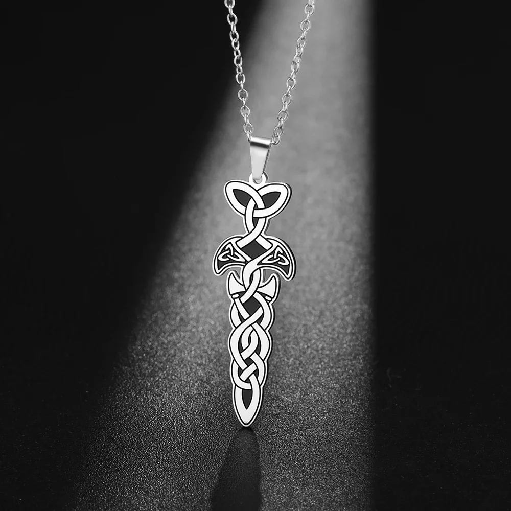 Celtic Knot Totem Dagger Trident Sword Stainless Steel Necklace for Men and Women Retro Style Witch Knot Boyfriend Gift