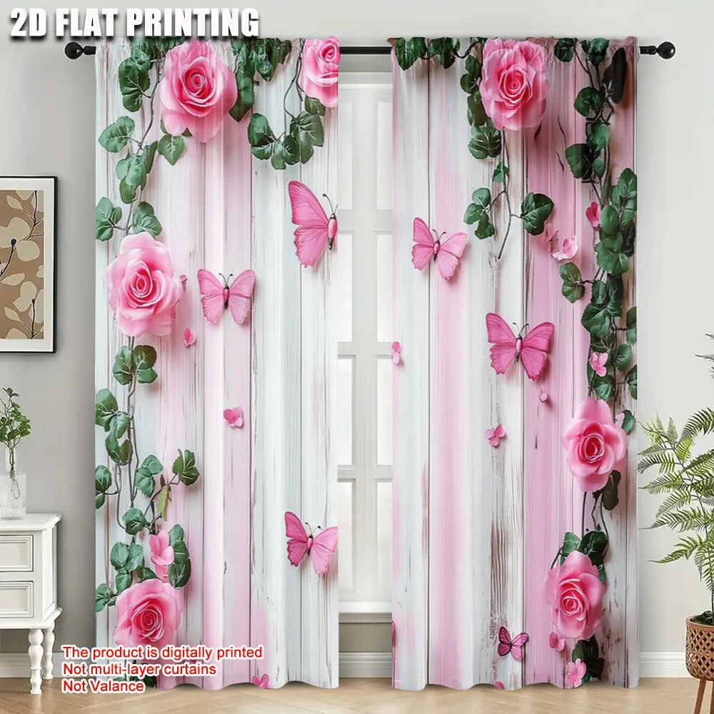 2pcs, Light Filtering Curtains 2D plane printing Garden Butterfly Print Machine Washable Fabric (without rod) Outdoor
