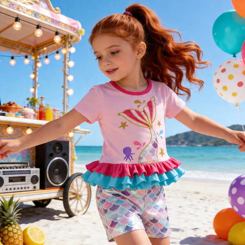 Mädchen Meerjungfrauen-Outfit-Set: Kinder Rüschen-Kurzarm-Baumwoll-Freizeit-Tops und Polyester-Shorts, 2-teiliges Set – Detail 3