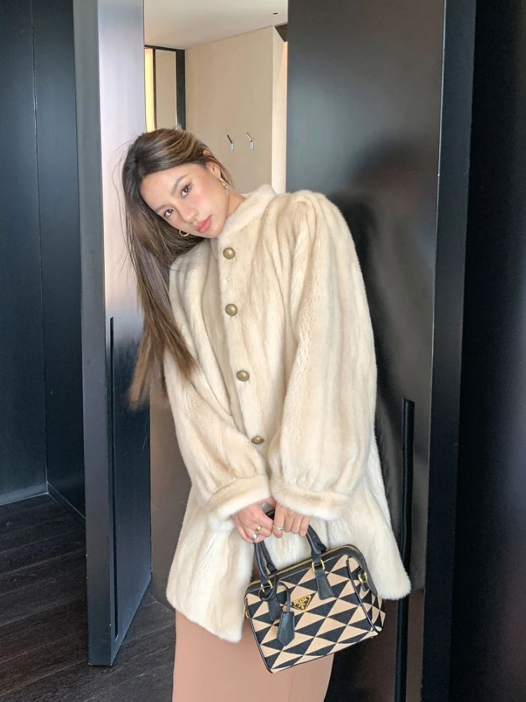 Luxury Vintage High-end Mink Coat Women Soft Fur Jacket Single-breasted Stand-up Collar Windproof Outerwear Design Jackets Trend