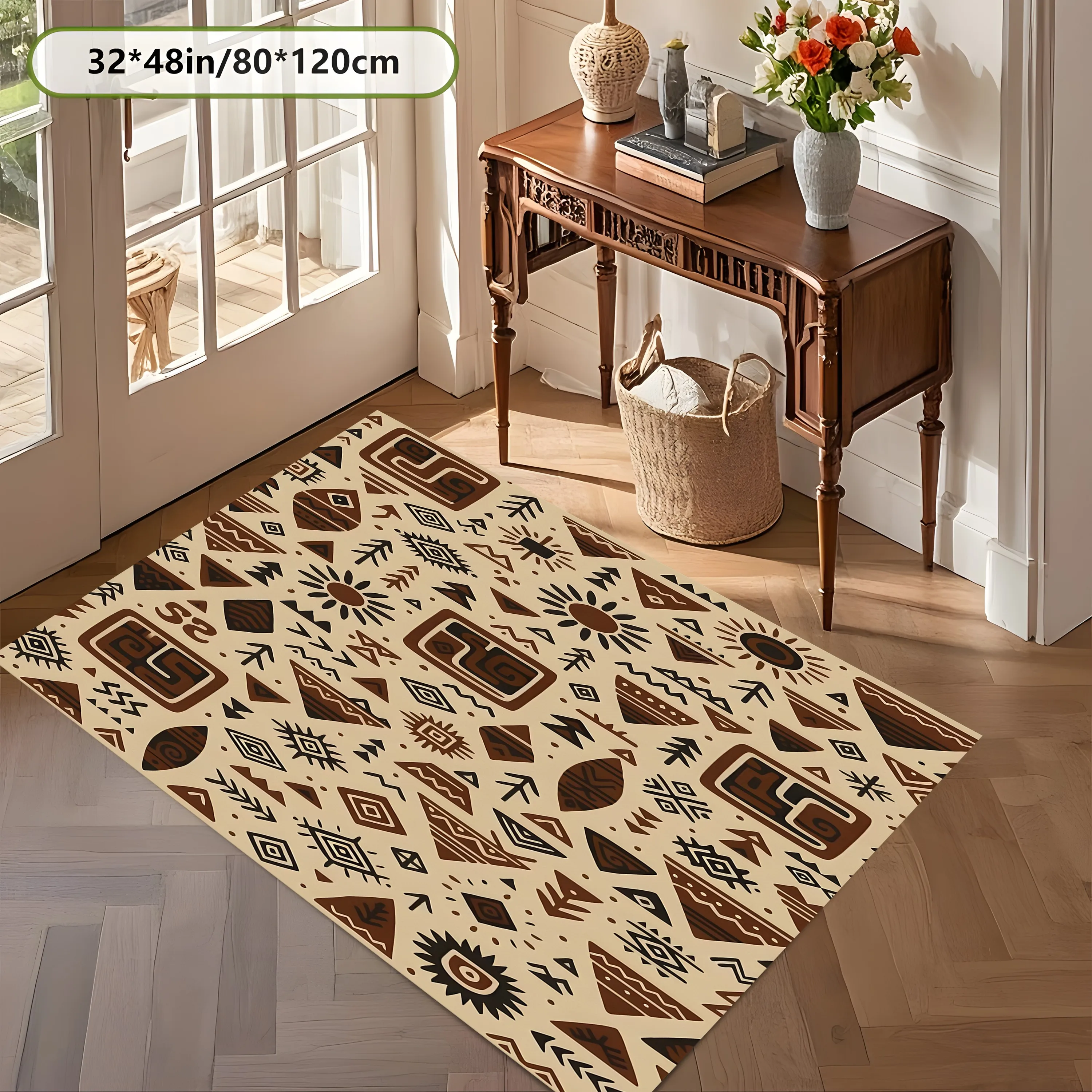 2D Carpet with Ethnic Geometric Totem Pattern in Retro Exotic Style for Living Room and Bedroom