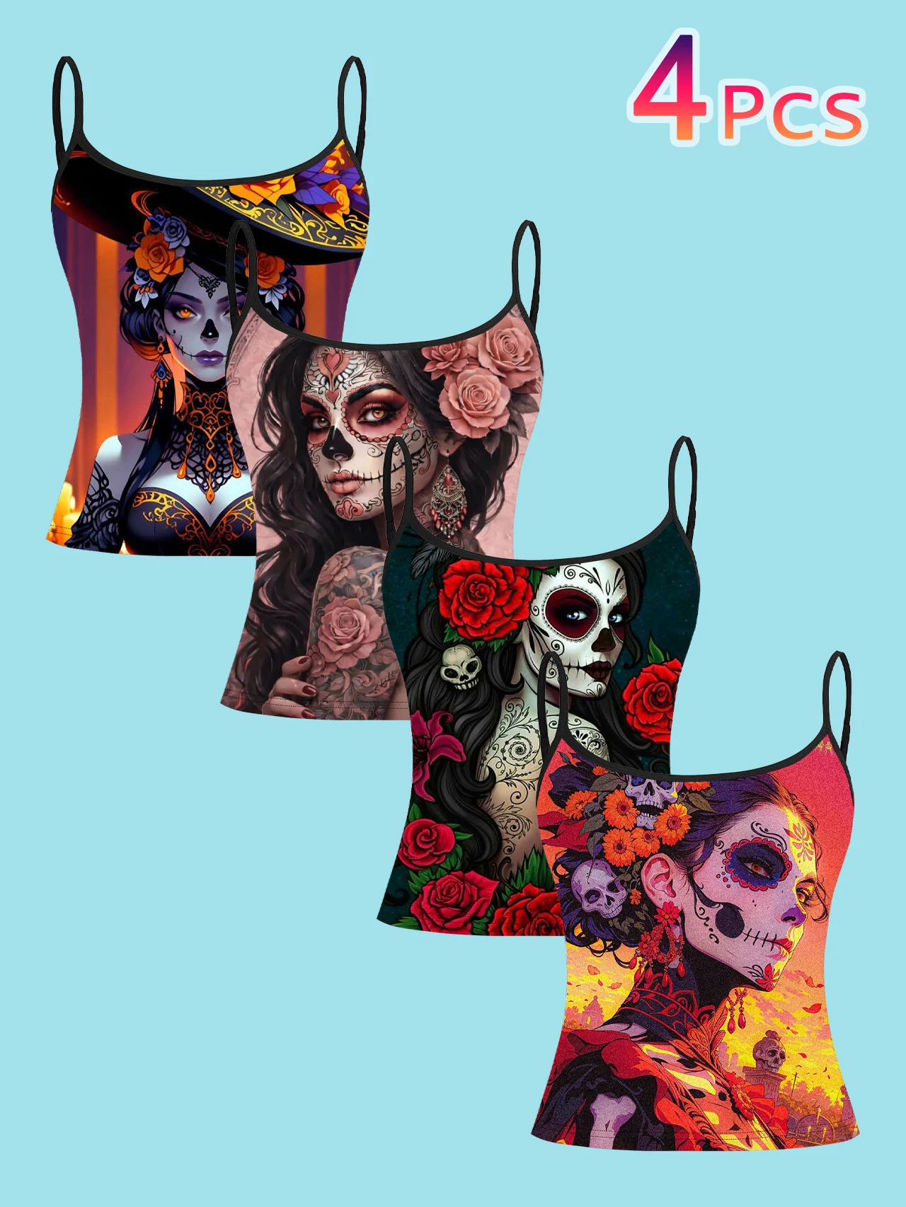 4-Piece Set of Day of the Dead Rose Sugar Skull Beauty Print Camisole Tops for Women, Mexican Style Spaghetti Strap Slim Fit Inner Wear