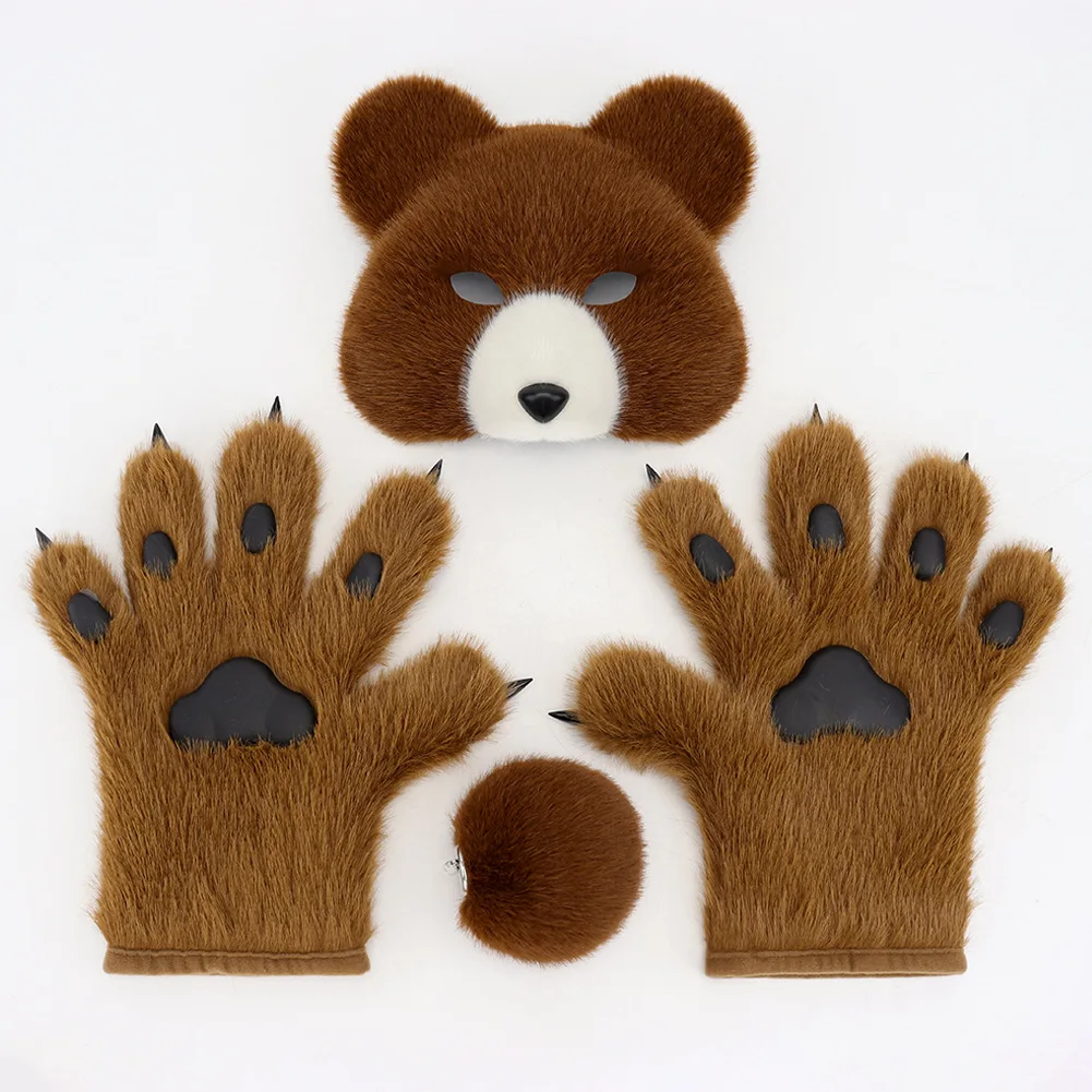 Máscara de oso de Animal peludo, Kit de patas y cola de piel sintética para hombres y mujeres, accesorios de fiesta de disfraces, accesorios de disfraz de Anime
