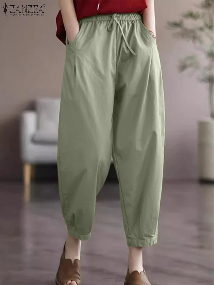 

ZANZEA Summer Turnip Women Casual Baggy Pant Elastic Waist Solid Long Pantalon Elegant OL Work Palazzo Fashion Trousers 2024