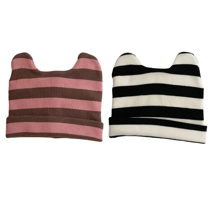 Lovely Stripe Hat Cold Weather Windproof Cats Ear Caps for Women Student DXAA