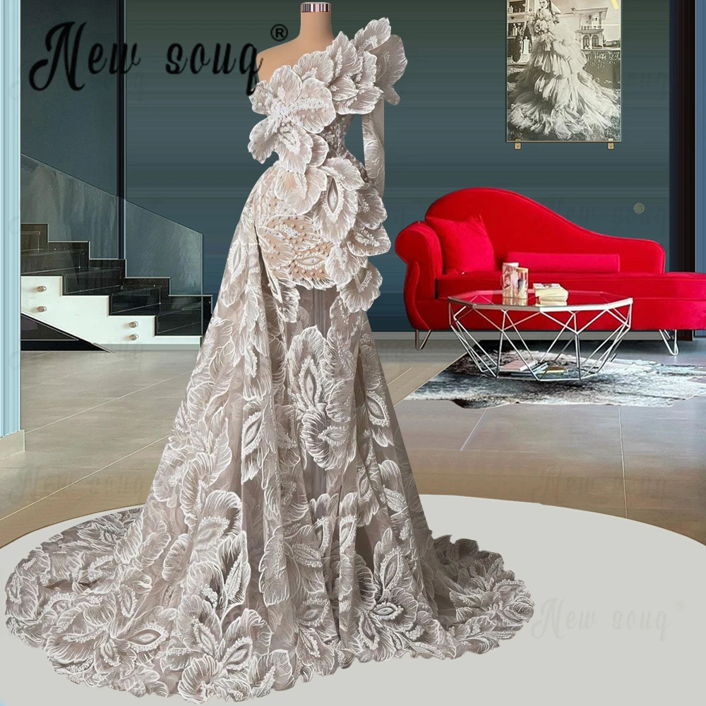 Ivory Luxury Dubai Wedding Dresses Illusion One Shoulder Long Sleeve Bridal Gowns Women's Engagement Party Dresses Customized - view 2
