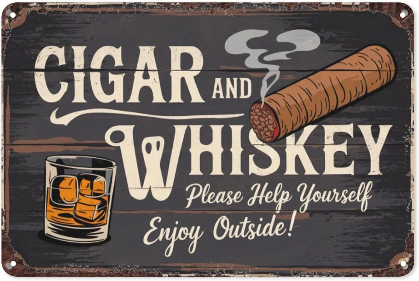 【Cigar & Whiskey】Please Help Yourself 8X12IN Retro Tin Metal Signs - Vintage Smo
