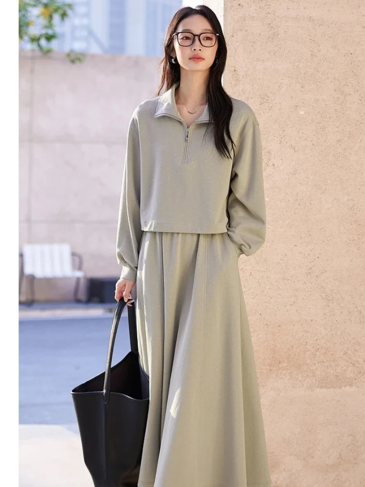 VIMLY 2 Piece Sweatshirt Skirt Sets Woman Outfits 2026 Fall Casual Zip Up Turn-down Neck Ladies Tops Midi A-line Skirts A0168
