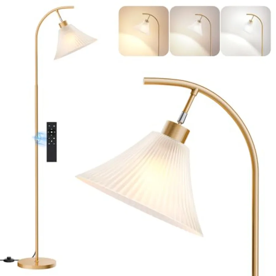 

Floor Lamp with Remote, Dimmable Glass Arc Standing Lamp, Ribbed Frosted Glass Shade, 3 Color Temperatures, Feet Switch, 9W LED