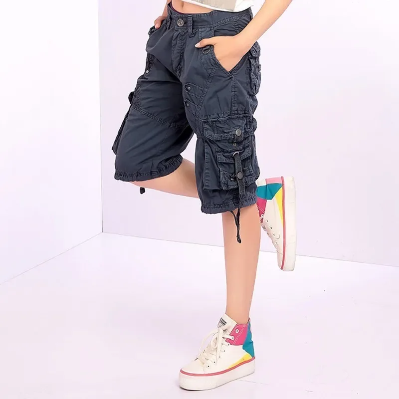 Summer Outdoor Sports Big Size Baggy Shorts Straight Hiking Knee Length Short Trouser Women's Multi Pocket Overalls Cargo Shorts