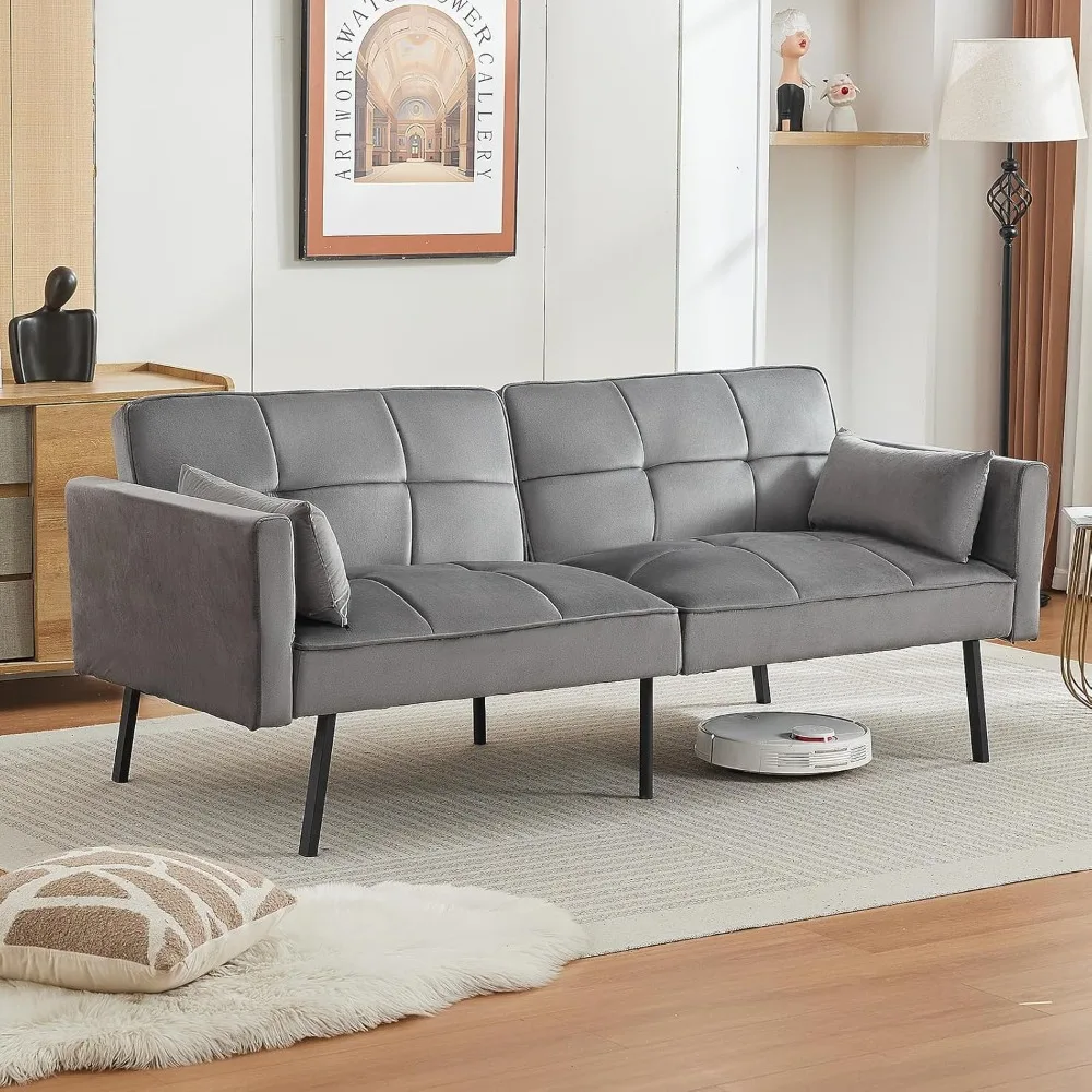 

85" Futon Sofa Bed with Adjustable Backrests and Armrests, Velvet Futon Couch with Wooden Frame and Metal Legs, Modern Loveseat