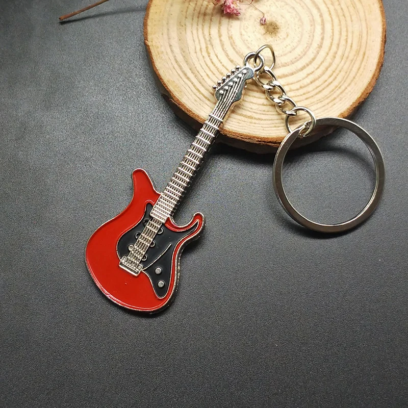 New fashion Guitar Key chain Metal 6 colour KeyChain Cute Musical Car Key Ring Silver Color pendant For Man Women Party Gift