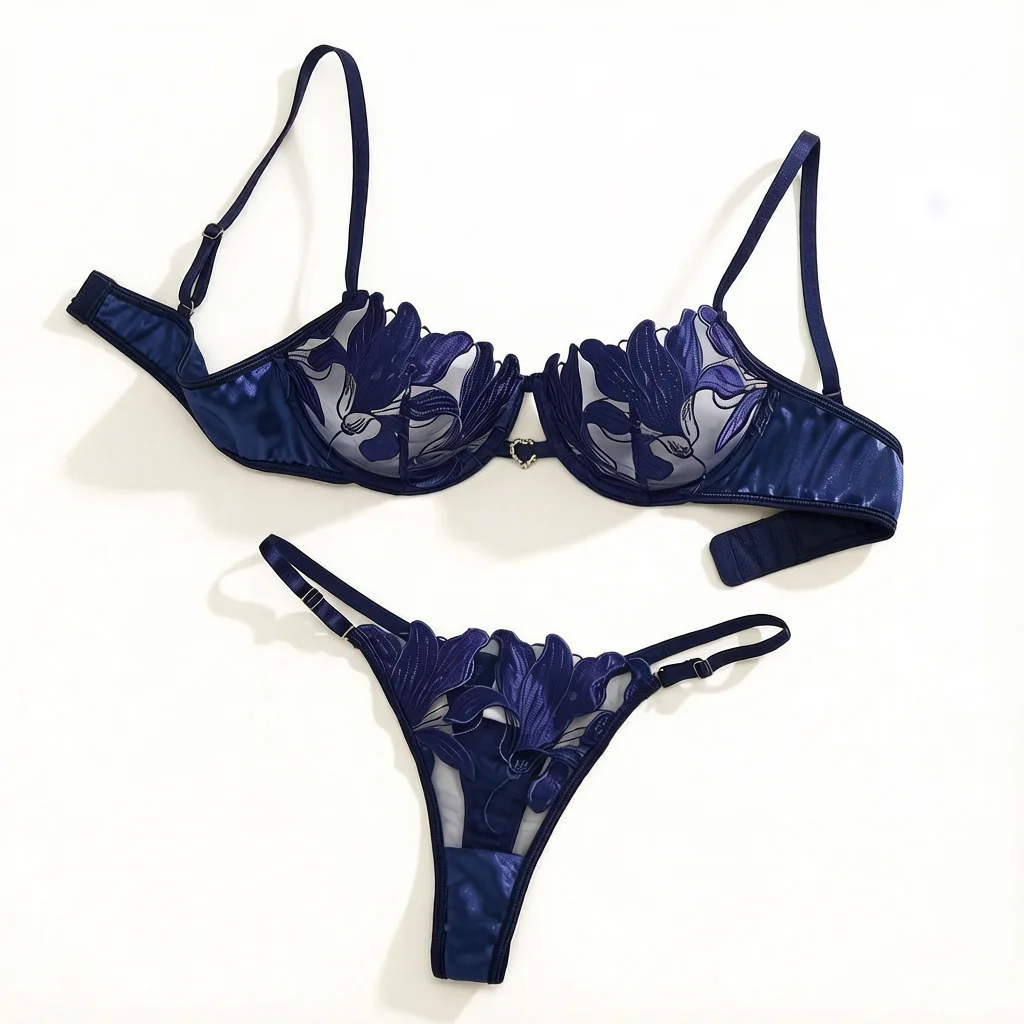 Blue French-style Floral Embroidery Lace Lingerie Set,Sexy and Soft Steel-bra Cups Supporting Bra,Valentine's Day Party ZA8240