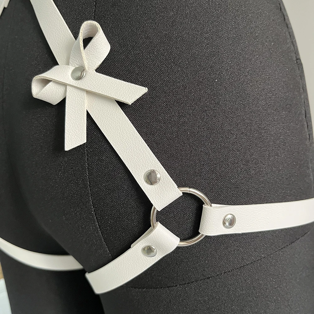 White Garter Belt Bow Thigh Garter Leather Lingerie Body Harness Bondage Suspender Sexy Harness Women Fetish Rave Accessories