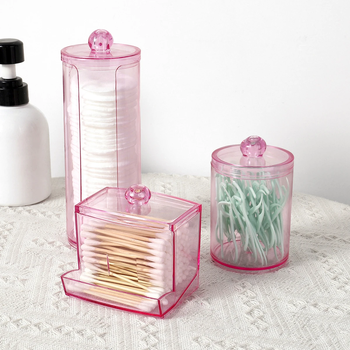 1/3 Pcs Acrylic Qtip Holder with Lid Clear Pink Cotton Pad Holder Bathroom Makeup Organizers Containers Storage Box