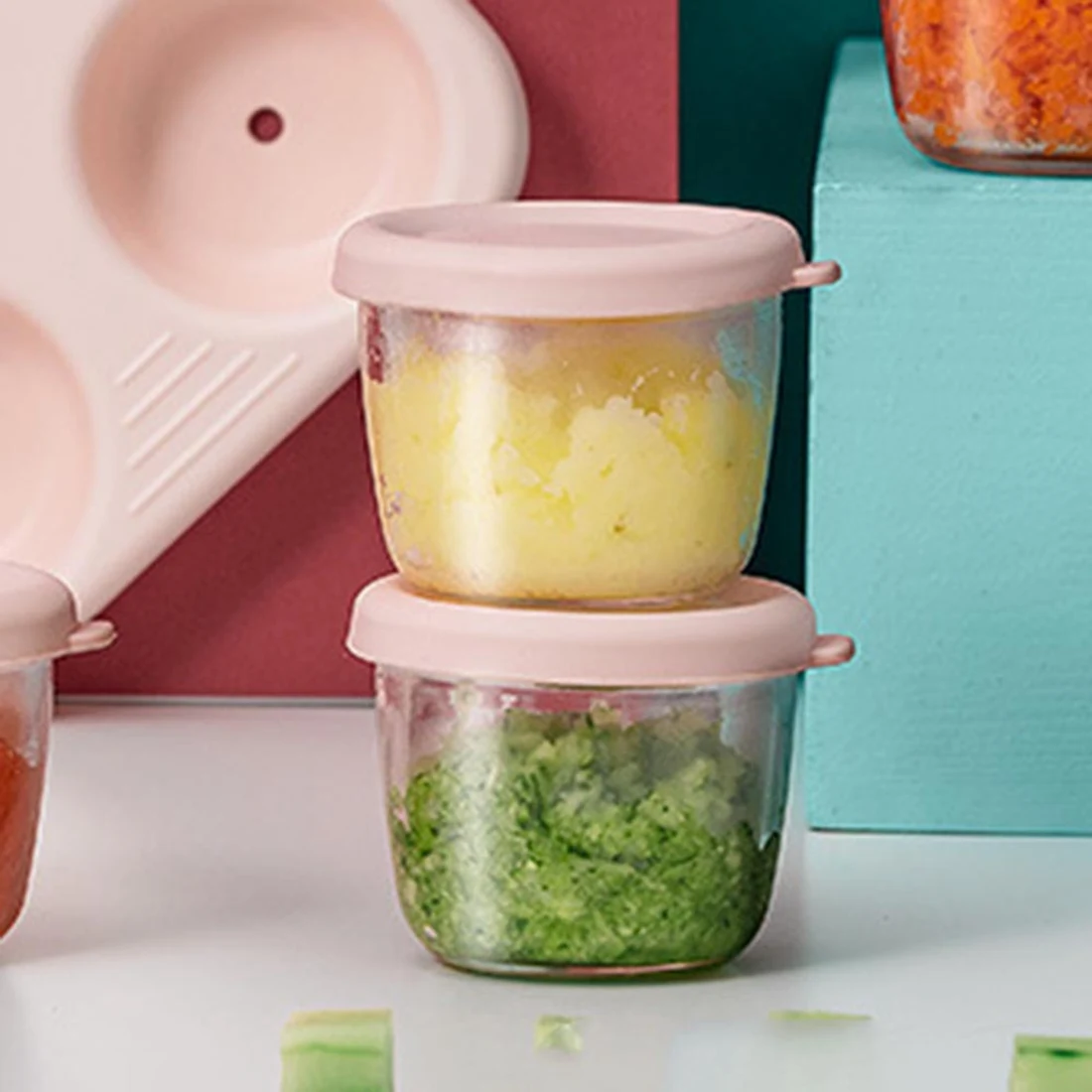 A63T-4Pcs 2Oz Baby Infant Glass Breast Milk Freezer Microwave Complementary Food Storage Containers Fruit Snack Box Kids